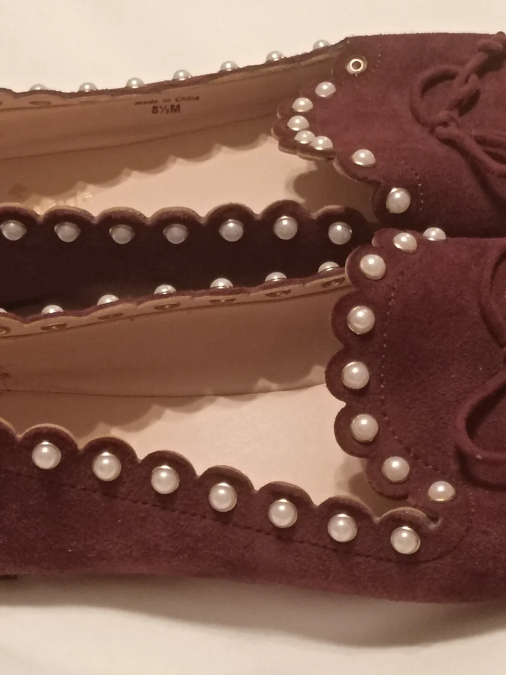 kate spade Burgundy Suede Pearl-Trim Scalloped Flats